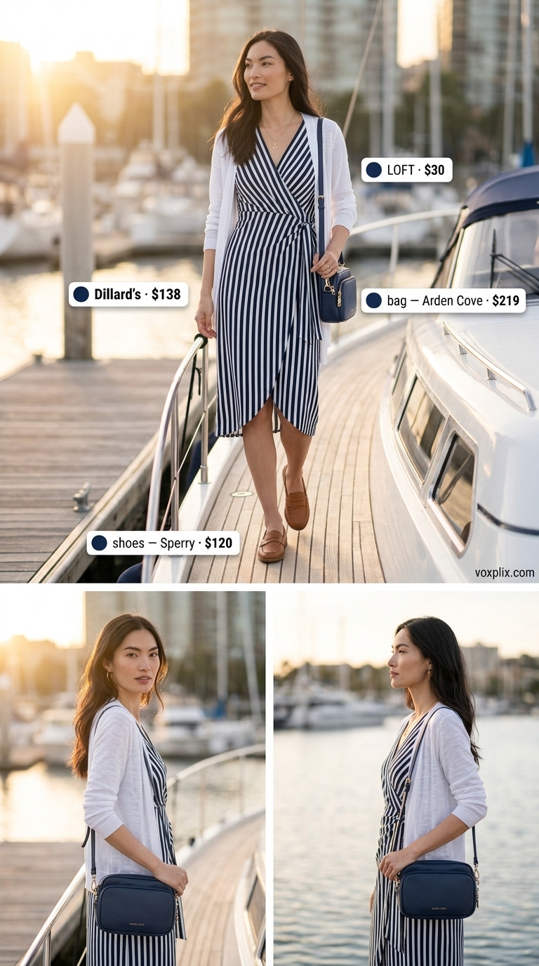Navy stripe midi wrap dress outfit for women 2026, perfect for lakeside lunch with tan loafers and gold necklace.