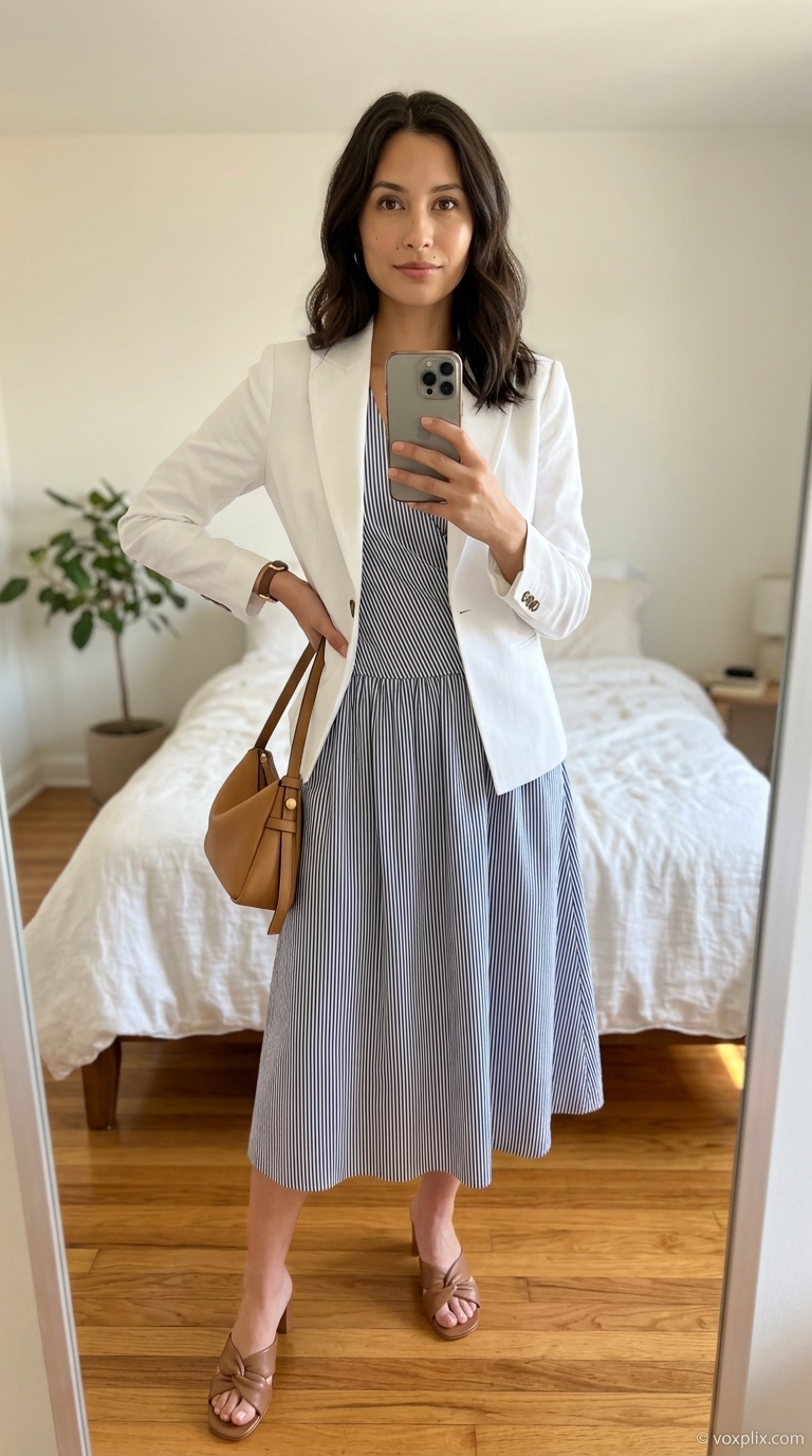 Navy stripe midi wrap dress outfit for women 2026, ideal for smart casual office with tan mules and blazer.
