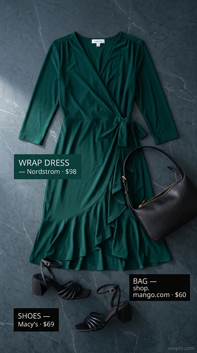Olive green midi wrap dress outfit for women 2026, ideal for date nights or casual dinners with black accessories.