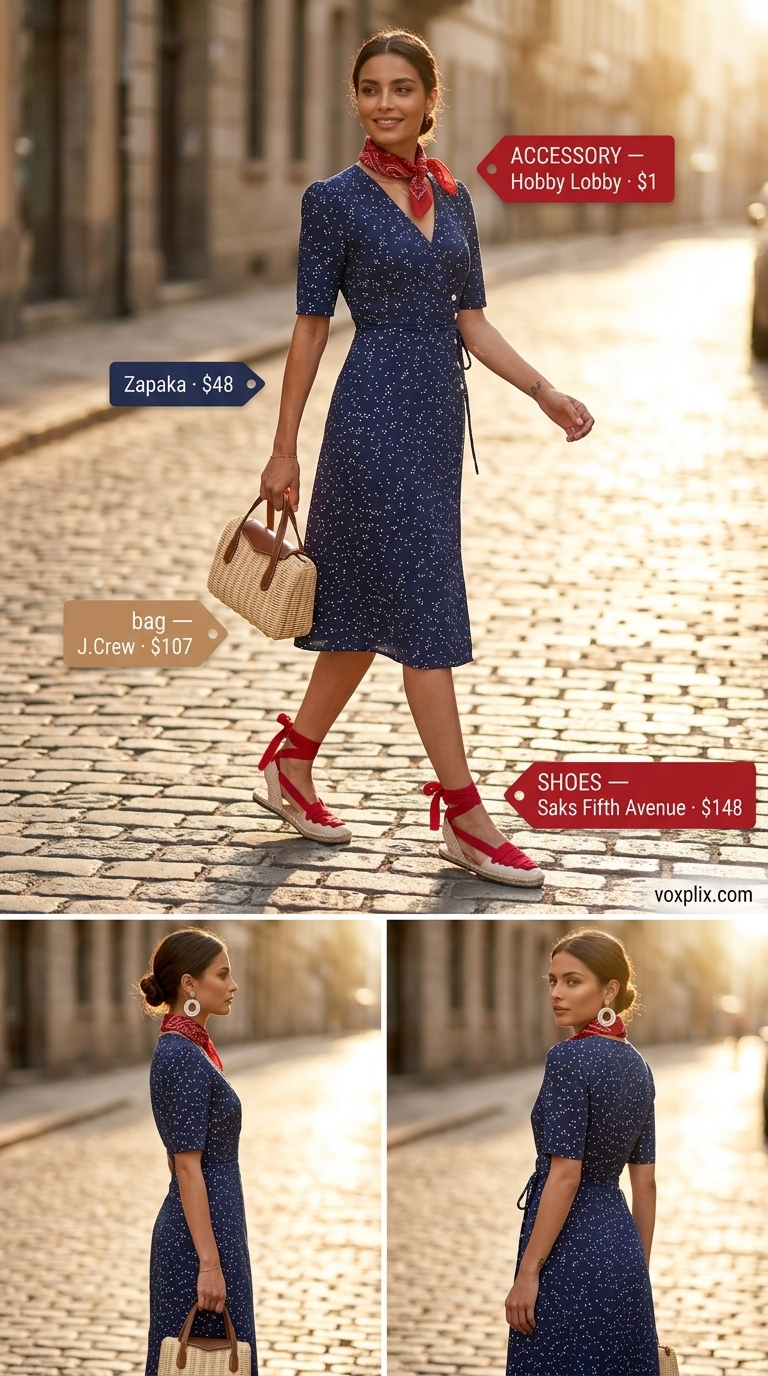 Navy polka dot midi wrap dress outfit for women 2026, charming for picnics and casual gatherings.