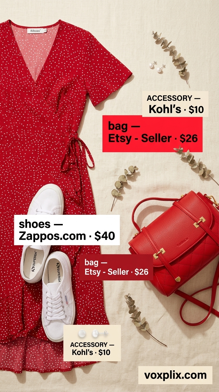 Summer midi wrap dress outfits for women 2026: Red polka dot dress, white sneakers for a picnic date.