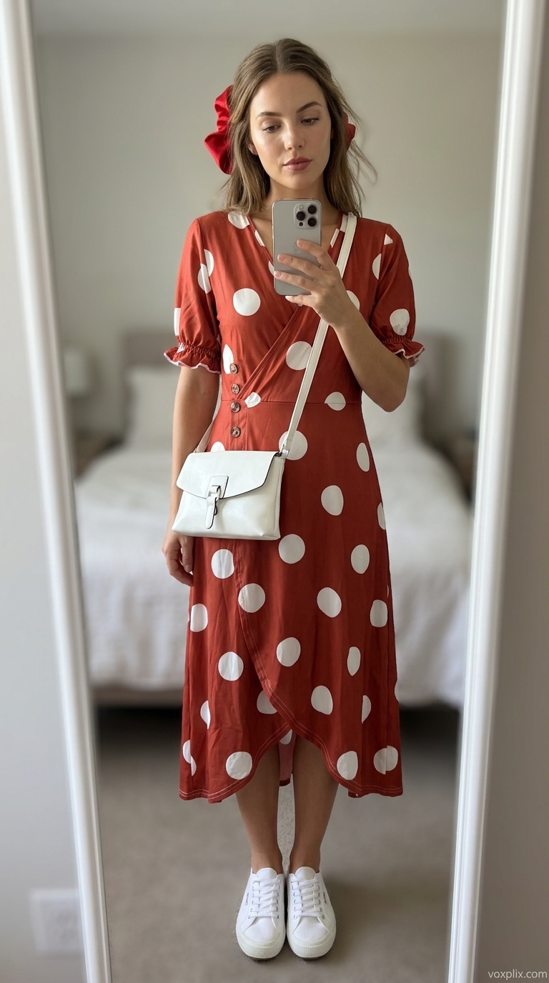 Red polka dot midi wrap dress outfit for women 2026, great for summer parties with white sneakers and scrunchie.