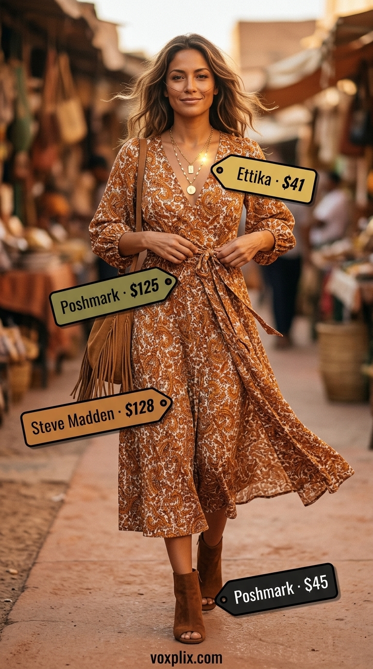 Rust paisley print midi wrap dress outfit for women 2026, perfect for bohemian gatherings with suede boots.