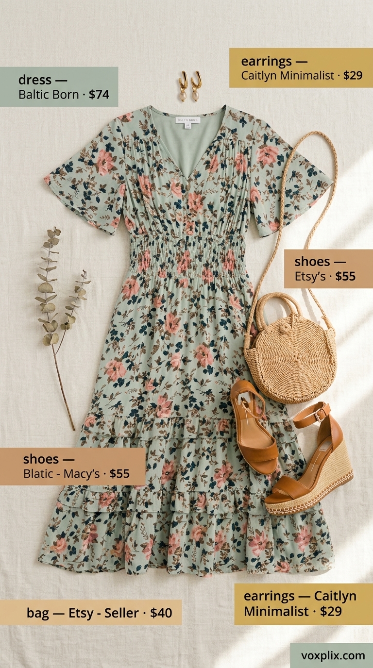 Summer midi wrap dress outfits for women 2026: Sage green floral dress, straw bag, espadrilles for brunch.