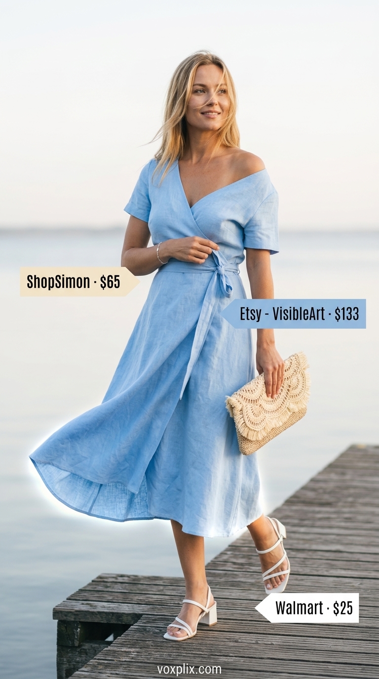 Sky blue midi wrap dress outfit for women 2026, perfect for beach dinners with raffia clutch and block heels.