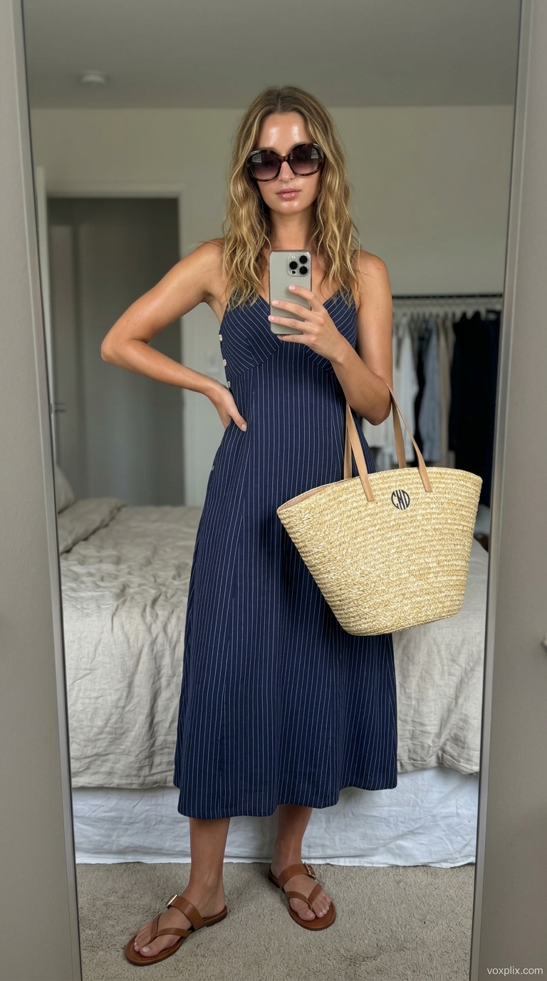 Navy and white stripe midi wrap dress outfit for women 2026, perfect for beach vacations and resort lunches.