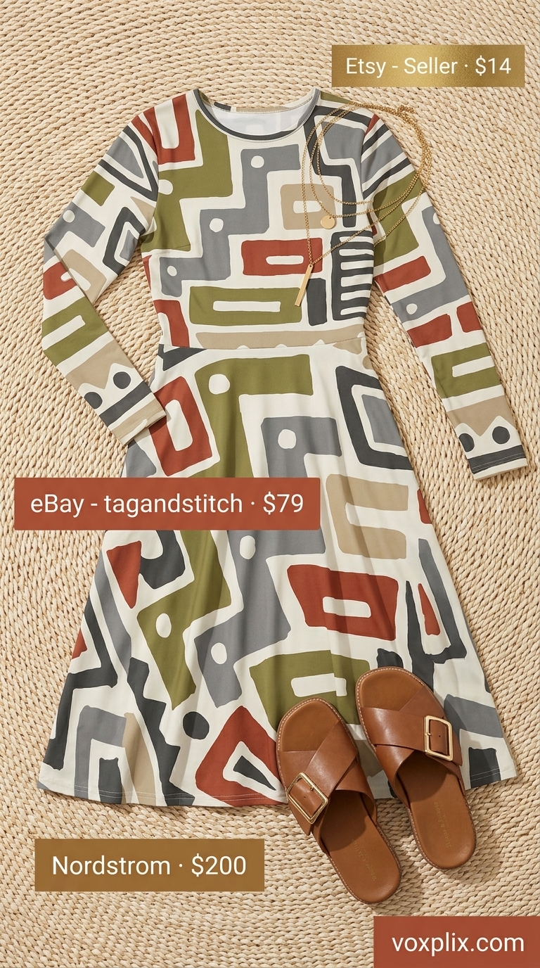 Terracotta abstract print midi wrap dress outfit for women 2026, bohemian for vacations and resorts.