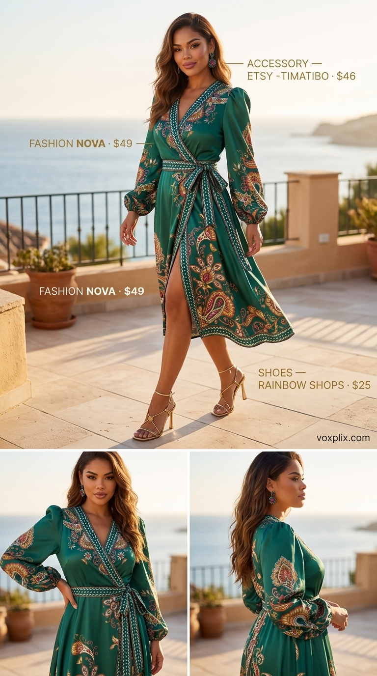 Summer midi wrap dress outfits for women 2026: Emerald green tropical print dress, gold heels for resort dinner.