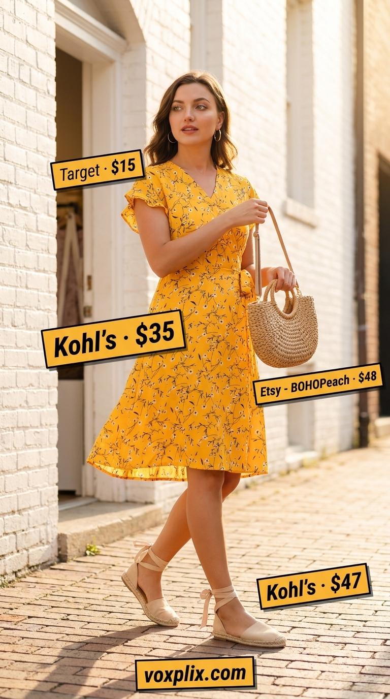Yellow floral midi wrap dress outfit for women 2026, perfect for brunch and garden parties with espadrille sandals.