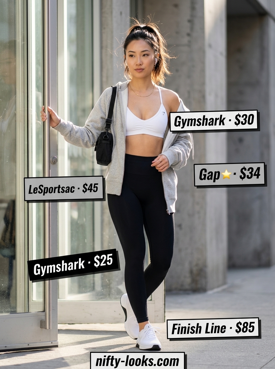 Summer Moving Day Outfits for Women 2026: Athleisure look with leggings, hoodie, sports bra, and trainers.