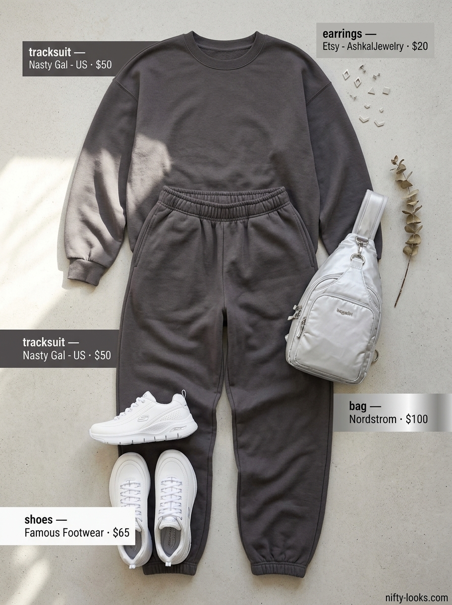 Summer Moving Day Outfits for Women 2026: Charcoal grey athleisure set, sneakers, and crossbody bag for easy moving.