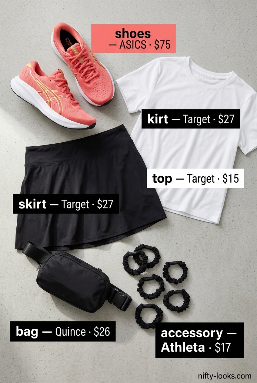 Summer Moving Day Outfits for Women 2026: Athletic skort, performance tee, and trainers for active moves.