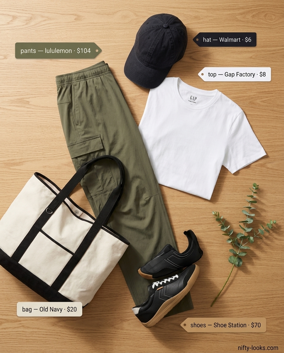 Summer Moving Day Outfits for Women 2026: Olive cargo pants, white tee, sneakers, and baseball cap for practical comfort.
