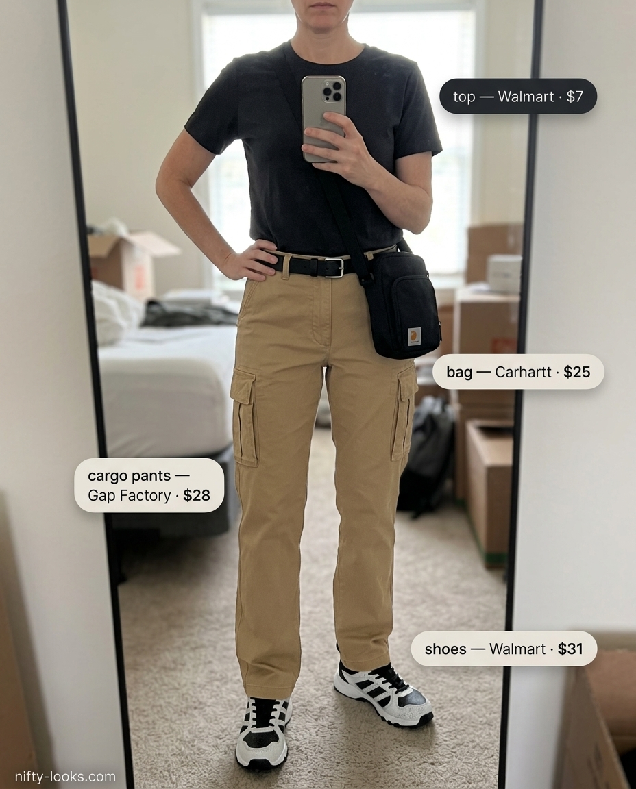 Summer Moving Day Outfits for Women 2026: Khaki cargo pants, black tee, and athletic sneakers for active moves.