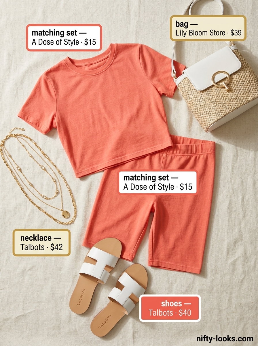 Summer Moving Day Outfits for Women 2026: Coral linen set, slides, and crossbody bag for chic comfort.