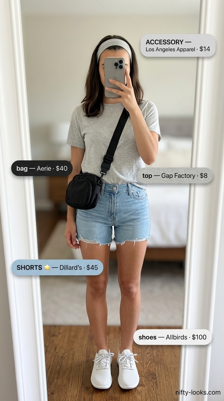 Summer Moving Day Outfits for Women 2026: Durable denim shorts, crewneck tee, and walking shoes for active moves.