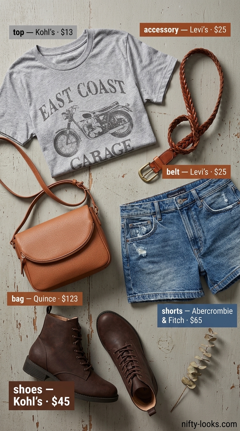 Summer Moving Day Outfits for Women 2026: Denim shorts, graphic tee, ankle boots, and leather crossbody bag for rugged style.