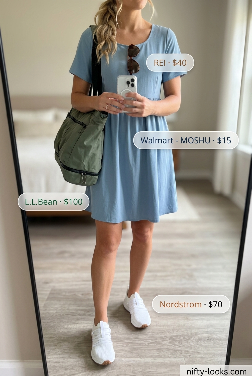 Summer Moving Day Outfits for Women 2026: Pale blue midi dress, slip-on sneakers, and duffel bag for easy moving.