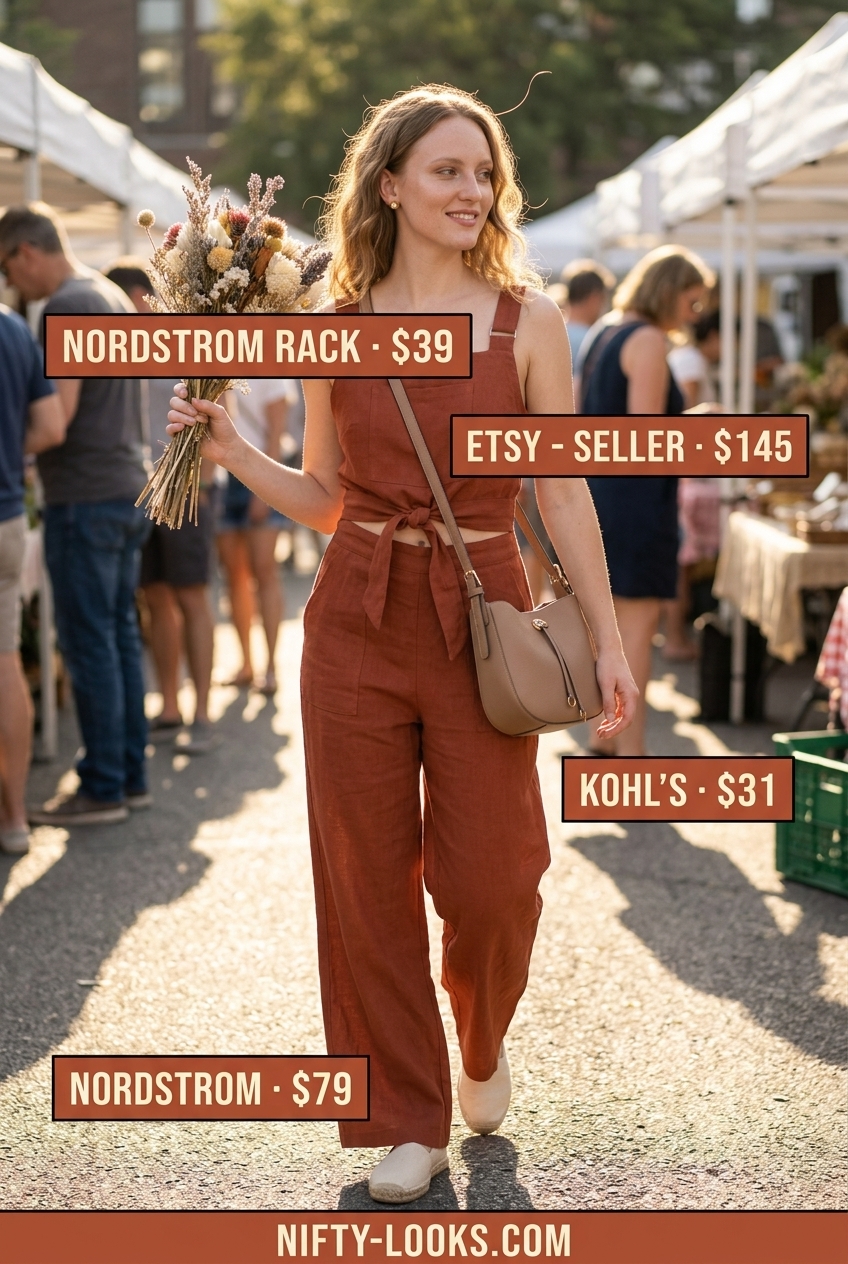 Terracotta utility jumpsuit for Summer Moving Day Outfits for Women 2026. Chic and practical.