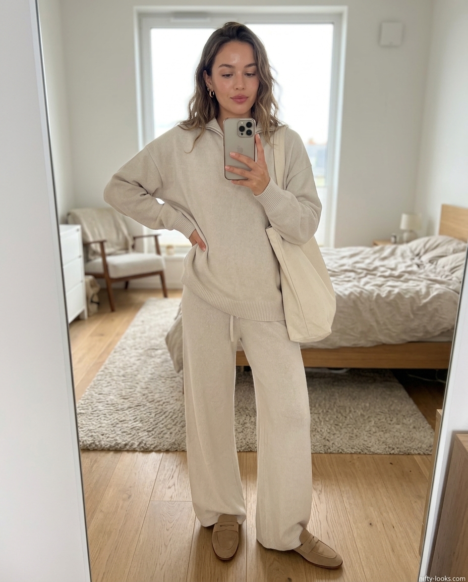 Cream knit set outfit for Summer Moving Day Outfits for Women 2026. Cozy and relaxed.