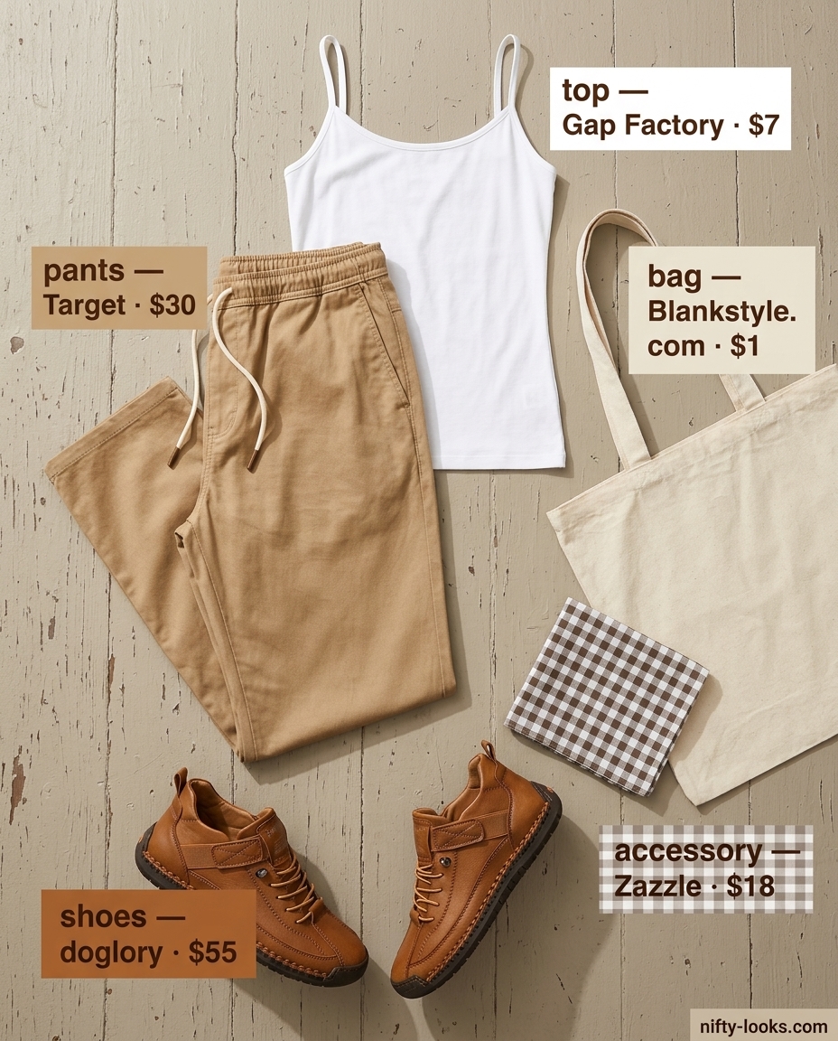 Summer Moving Day Outfits for Women 2026: Beige drawstring pants, tank top, and walking shoes for comfortable moves.