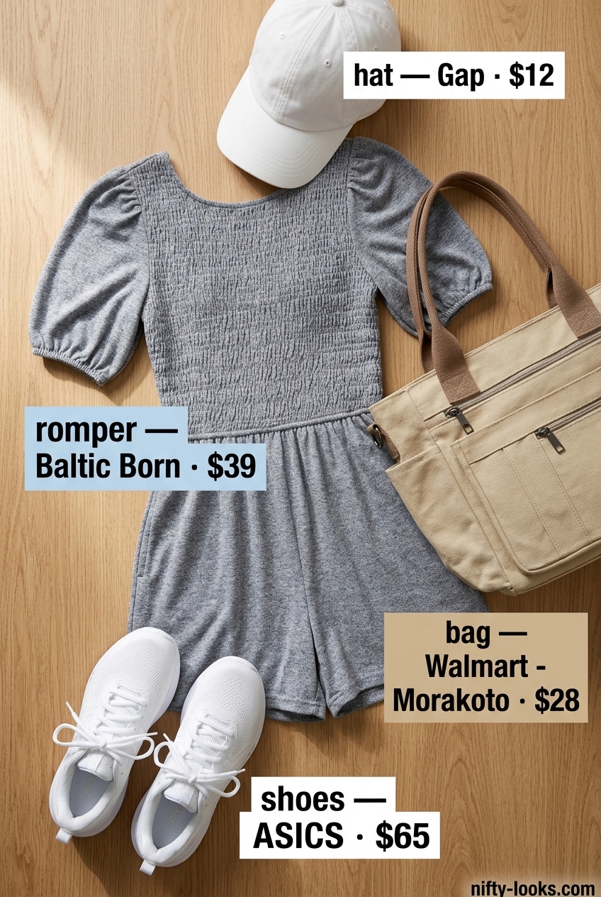 Summer Moving Day Outfits for Women 2026: Light blue romper, athletic sneakers, and canvas tote for easy moving.