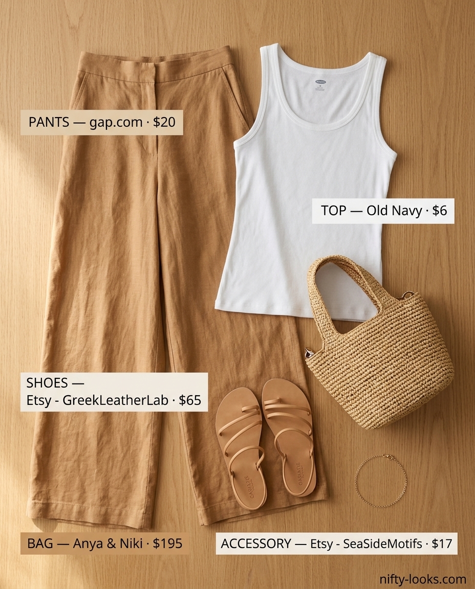 Summer Moving Day Outfits for Women 2026: Beige linen pants, white tank, straw tote, and flat sandals for airy comfort.