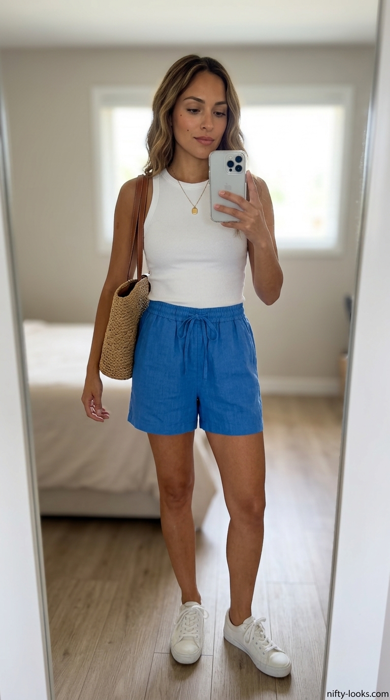 Light blue linen shorts outfit for Summer Moving Day Outfits for Women 2026. Cool and casual.