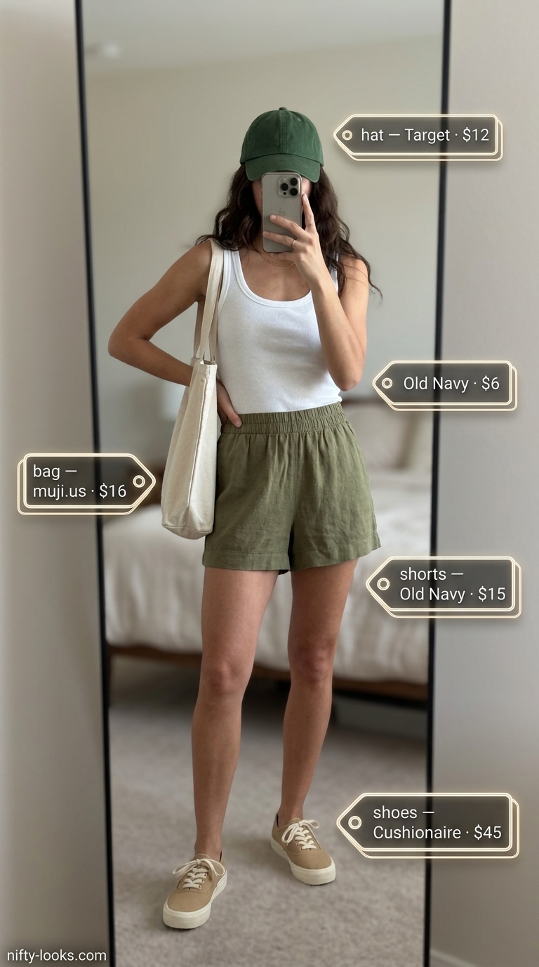 Summer Moving Day Outfits for Women 2026: Olive linen shorts, white tank, sneakers, and cap for relaxed comfort.