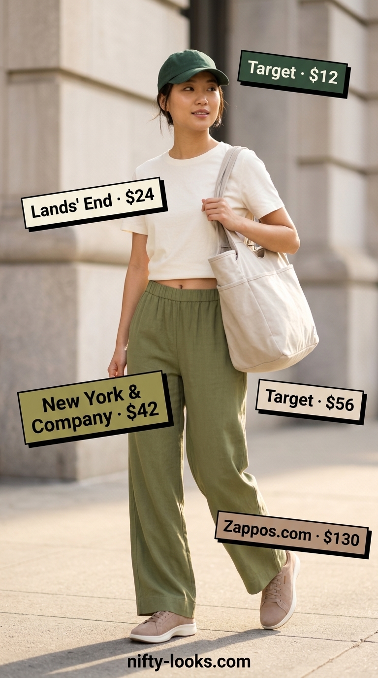 Olive green wide-leg pants outfit for Summer Moving Day Outfits for Women 2026. Practical and stylish.