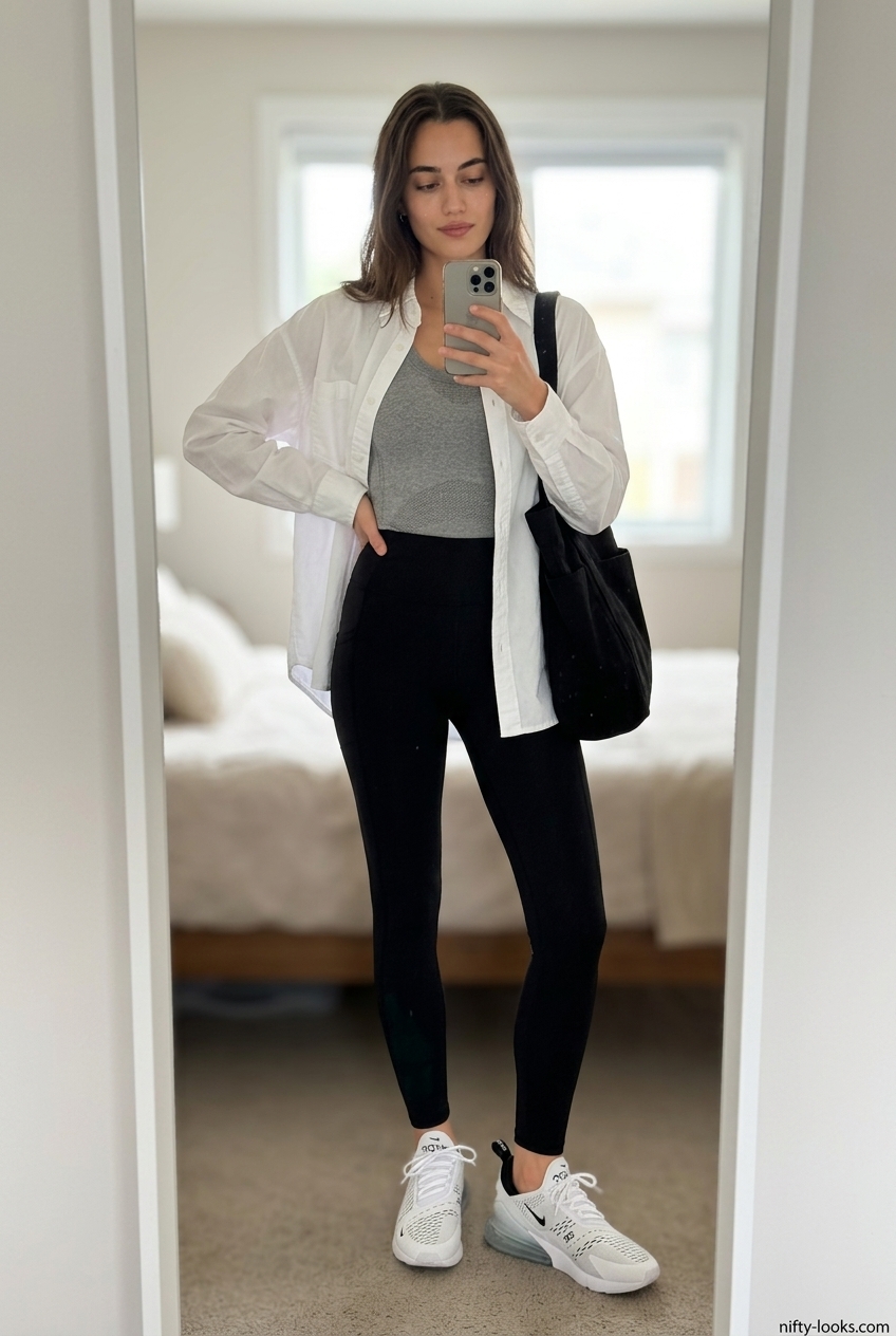 Summer Moving Day Outfits for Women 2026: Oversized white shirt, black leggings, and athletic sneakers for comfort.