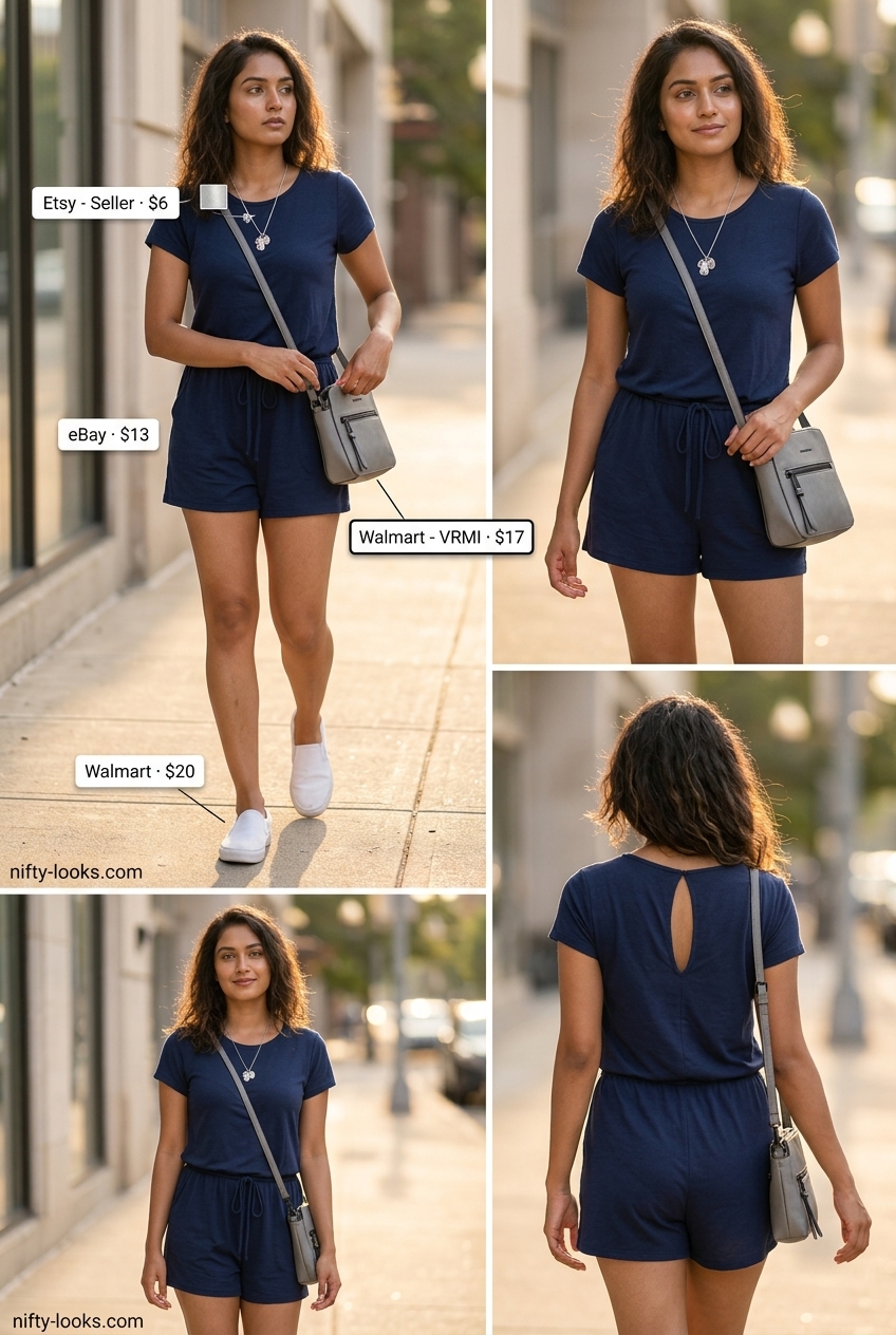 Navy blue romper outfit for Summer Moving Day Outfits for Women 2026. Easy and comfortable.