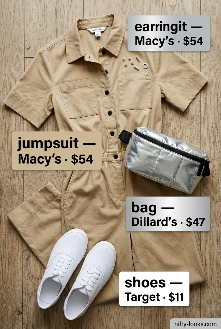 Khaki utility jumpsuit for Summer Moving Day Outfits for Women 2026. Functional and stylish.
