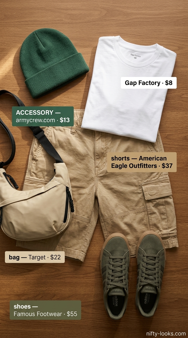Summer Moving Day Outfits for Women 2026: Olive utility shorts, white tee, sneakers, and crossbody bag for functional style.