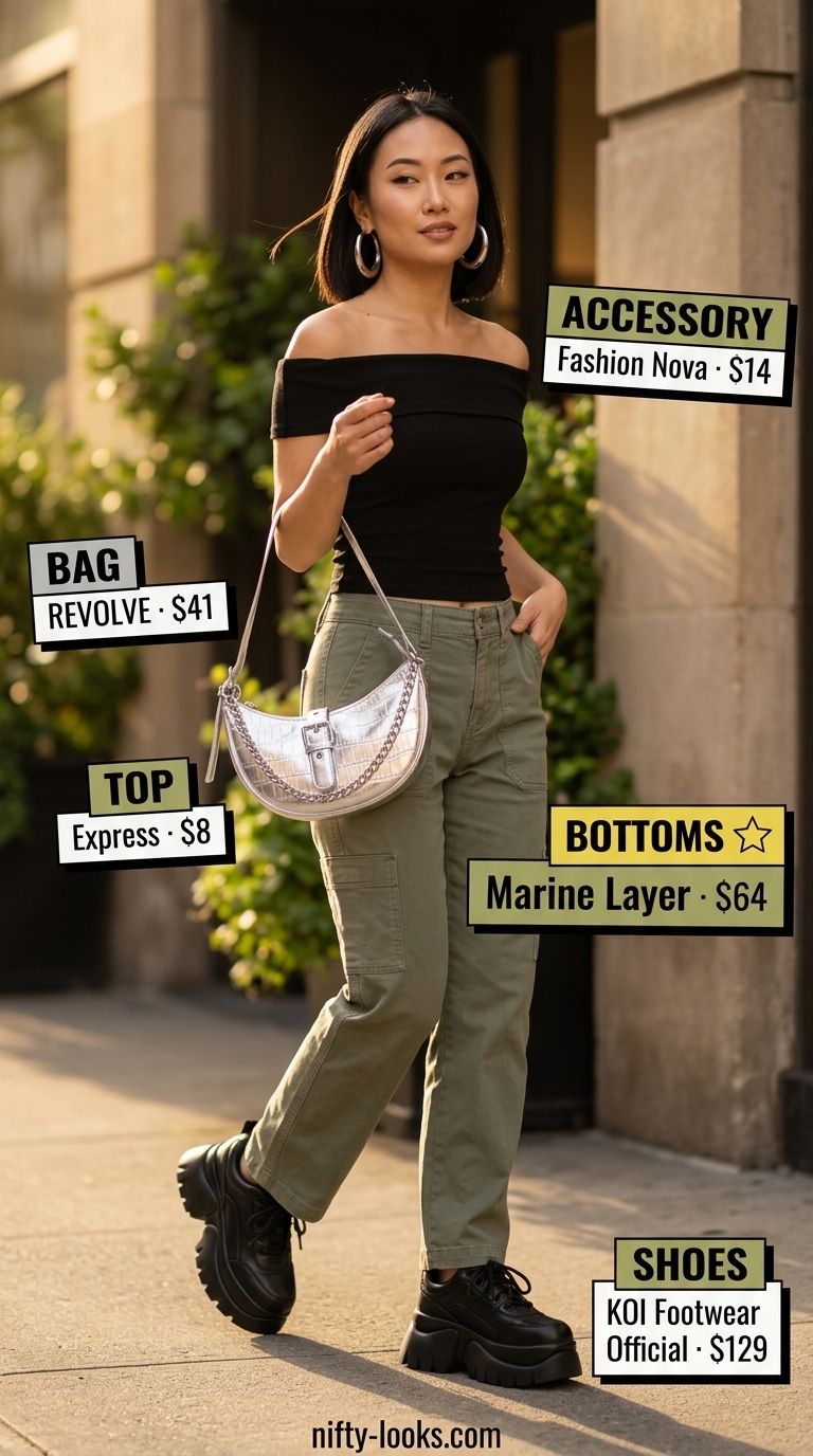 Summer off shoulder tops outfit 2026: Black knit top, olive cargo pants, platform sneakers, silver chain bag.