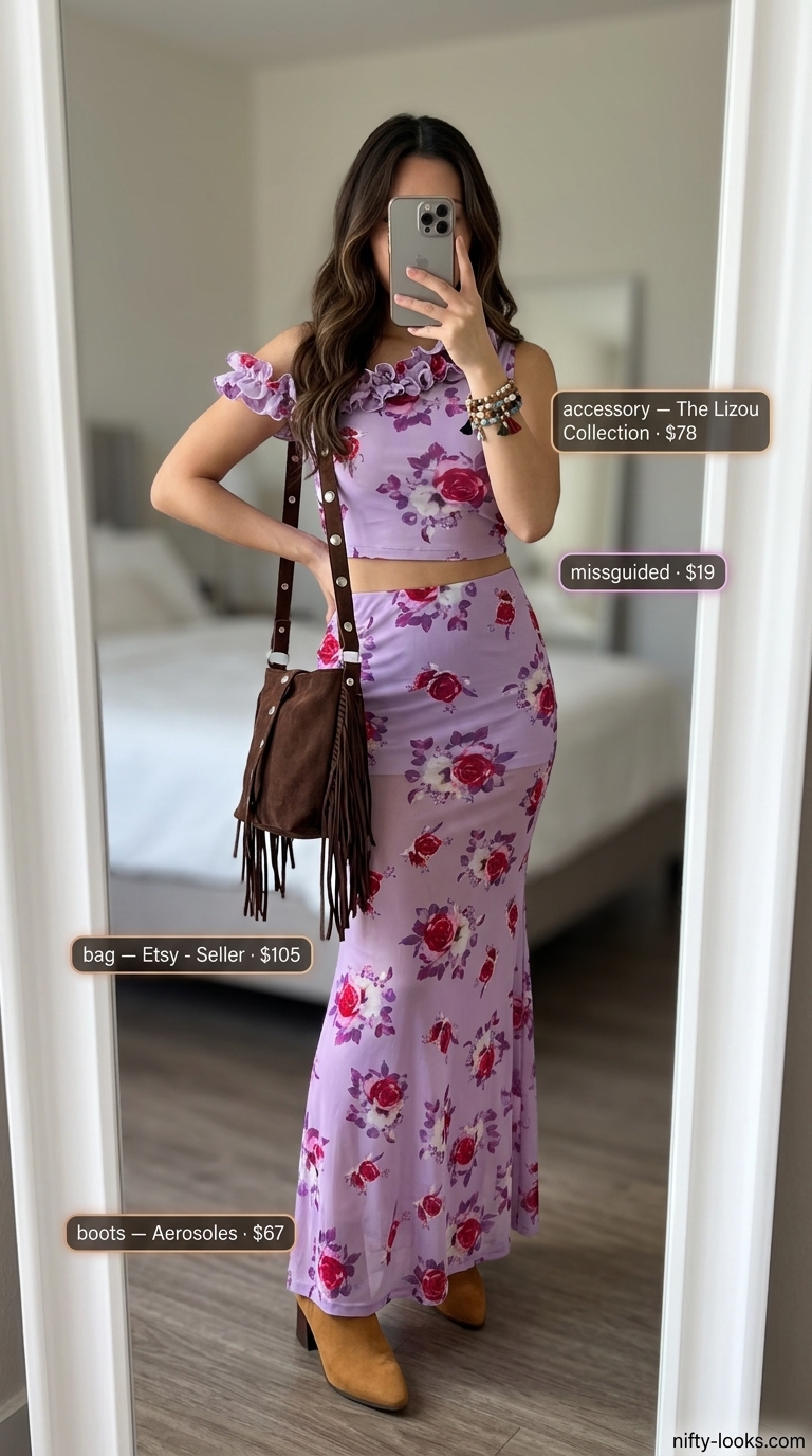 Boho olive green off-shoulder crop top and midi skirt set with suede boots.