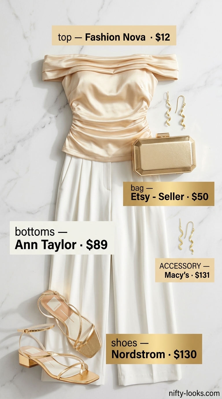 Summer off shoulder tops outfit 2026: Champagne satin blouse, ivory wide-leg pants, gold heels, gold clutch.