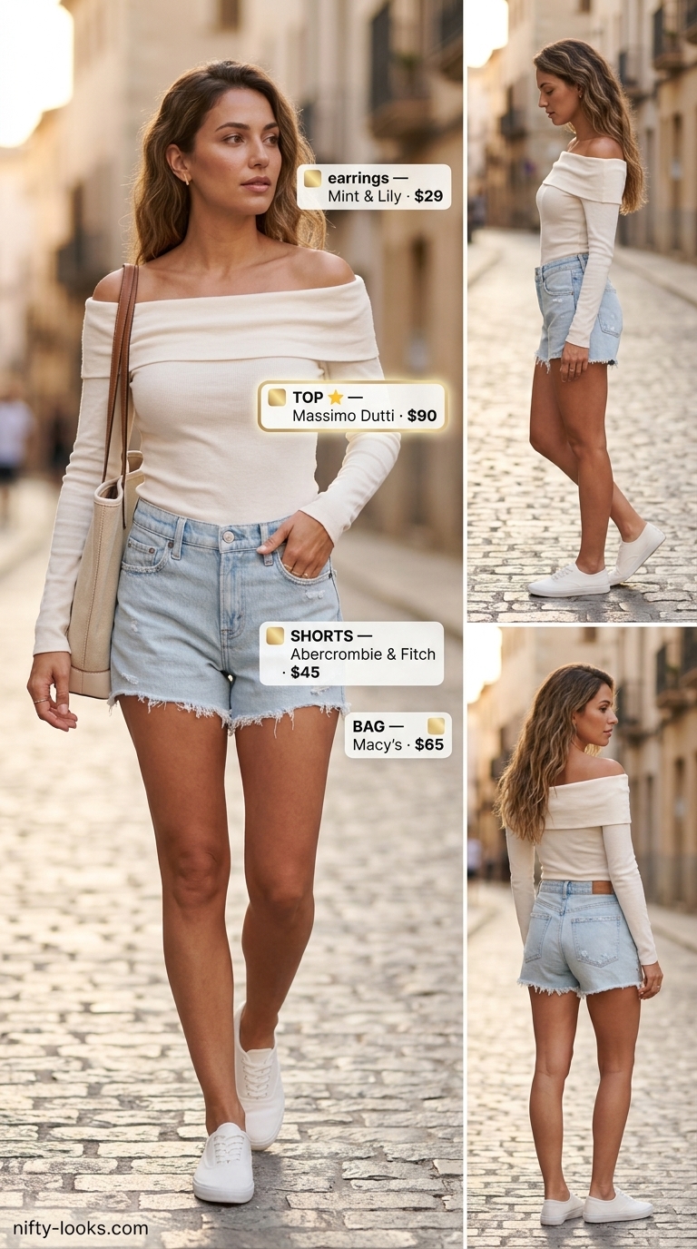 Summer off shoulder tops outfit 2026: Cream t-shirt, denim shorts, tote bag, sneakers for brunch.