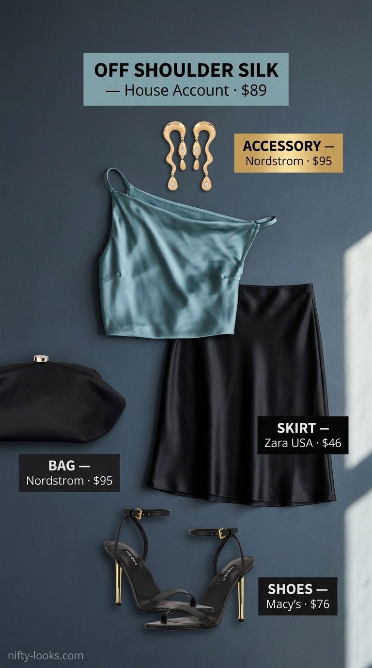 Summer off shoulder tops outfit 2026: Emerald green top, black satin skirt, gold earrings, strappy heels.