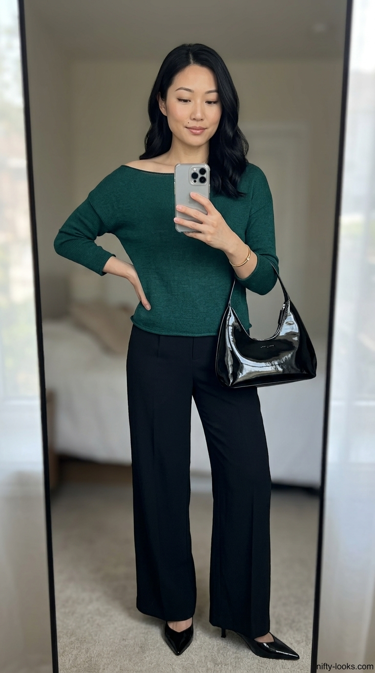 Summer off shoulder tops outfit 2026: Emerald green fitted top with black palazzo pants for evening elegance.