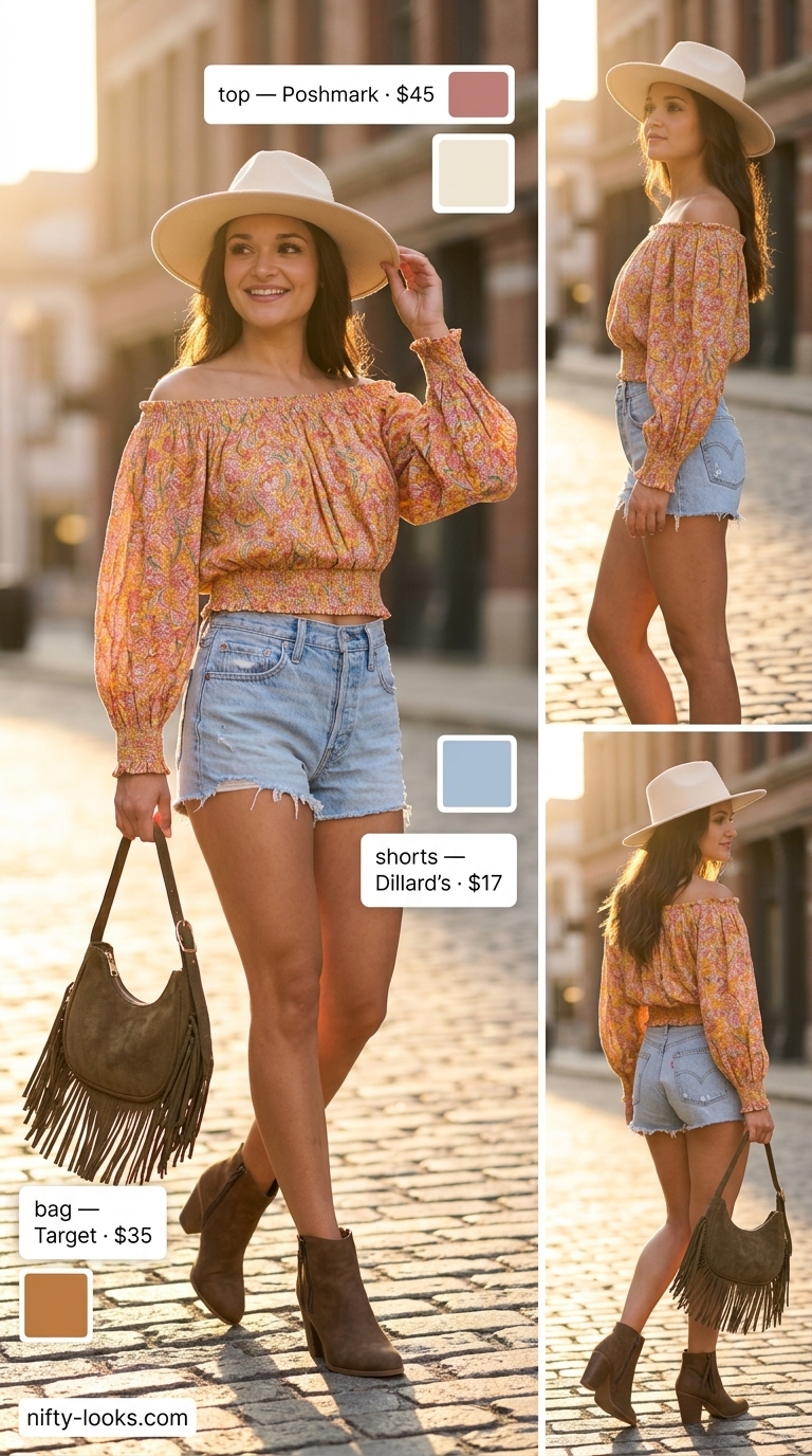 Summer off shoulder tops outfit 2026: Floral crop top, denim shorts, fedora, ankle boots for music festivals.