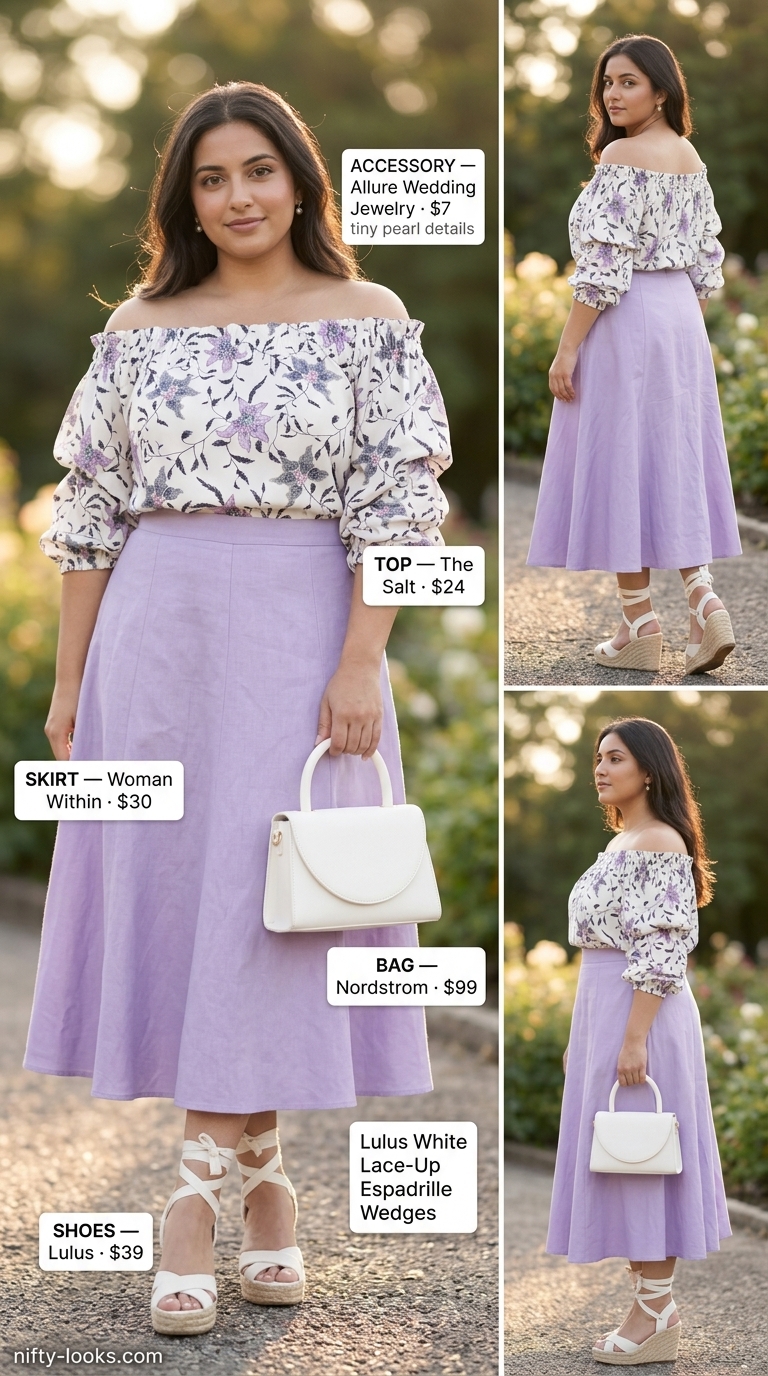 Romantic pastel floral off-shoulder top with lavender linen skirt for garden party.