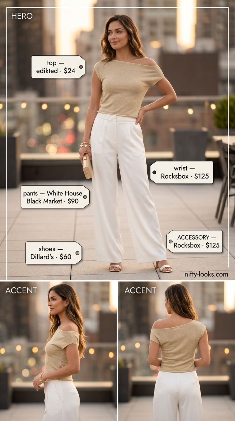 Summer off shoulder tops outfit 2026: Gold metallic top with champagne palazzo pants for a glamorous evening.