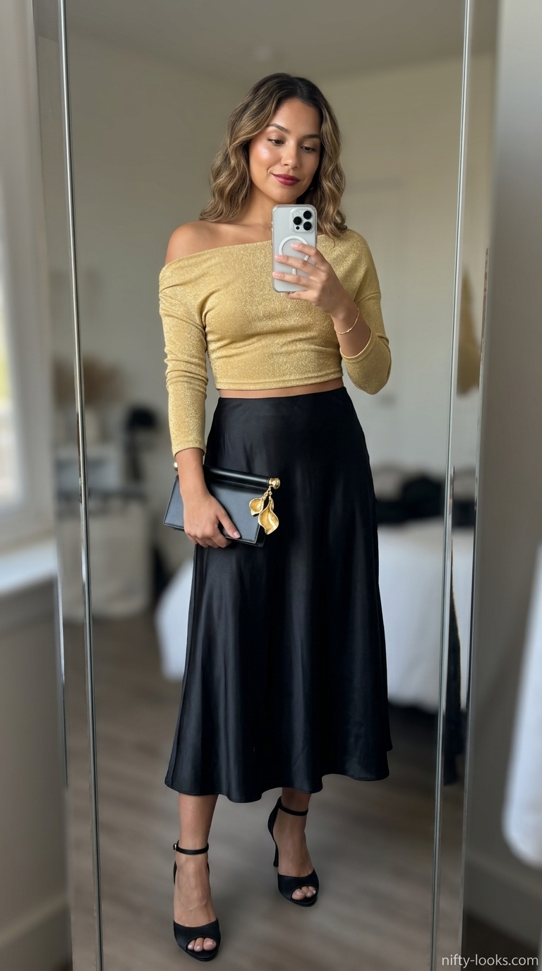 Glamorous gold off-shoulder metallic top with black satin skirt for evening event.