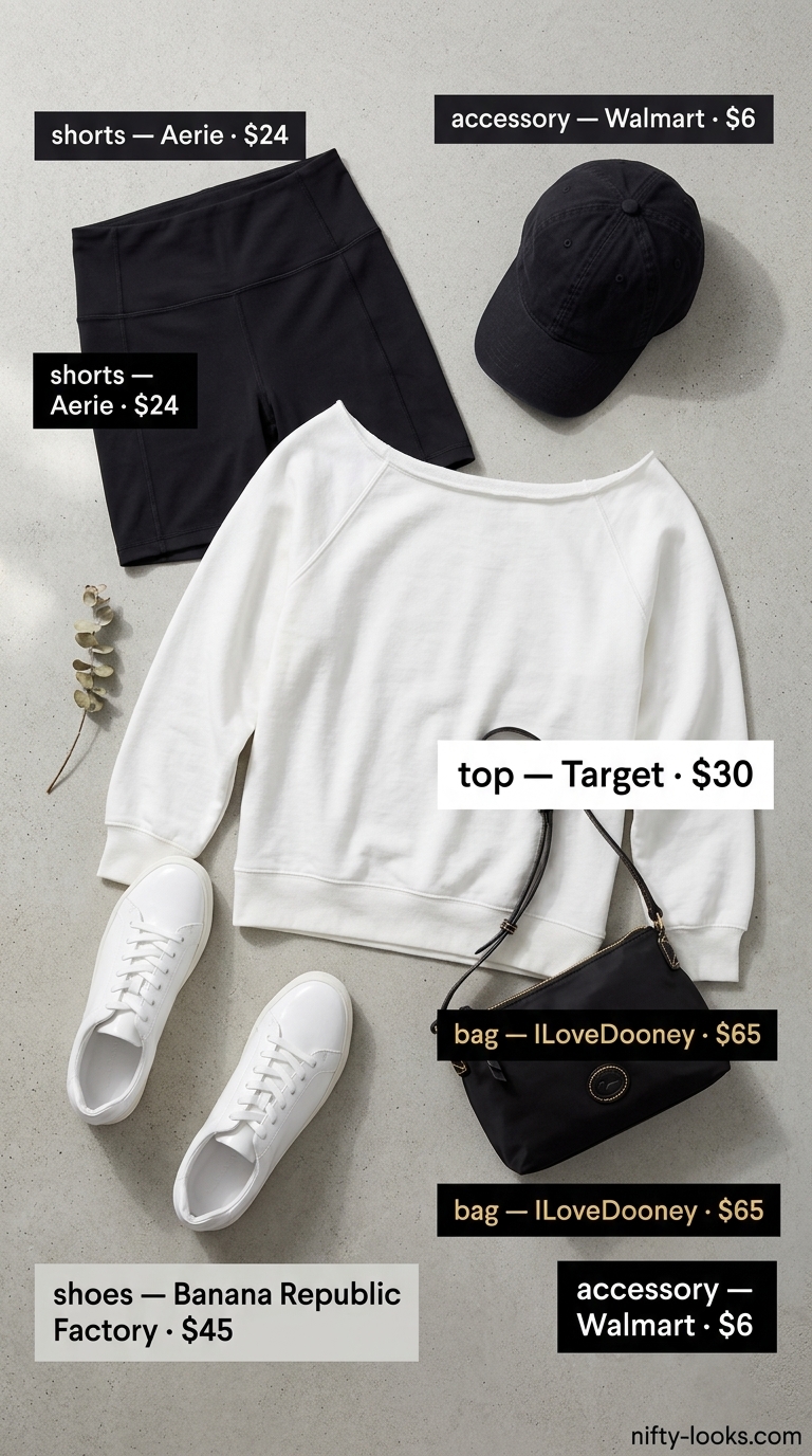 Summer off shoulder tops outfit 2026: Grey sweatshirt, black biker shorts, cap, sneakers for athleisure.