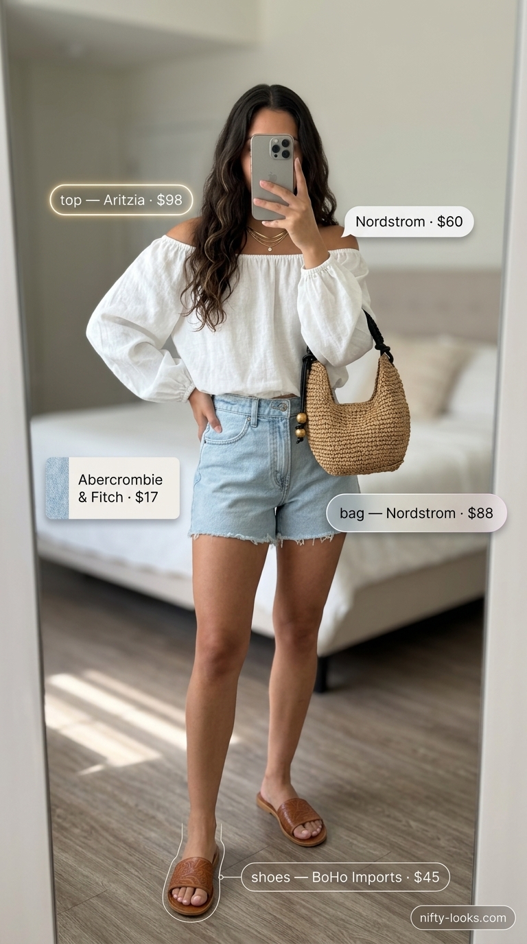 Summer off shoulder tops outfit 2026: White linen blouse, denim shorts, straw bag, leather slides for beach day.