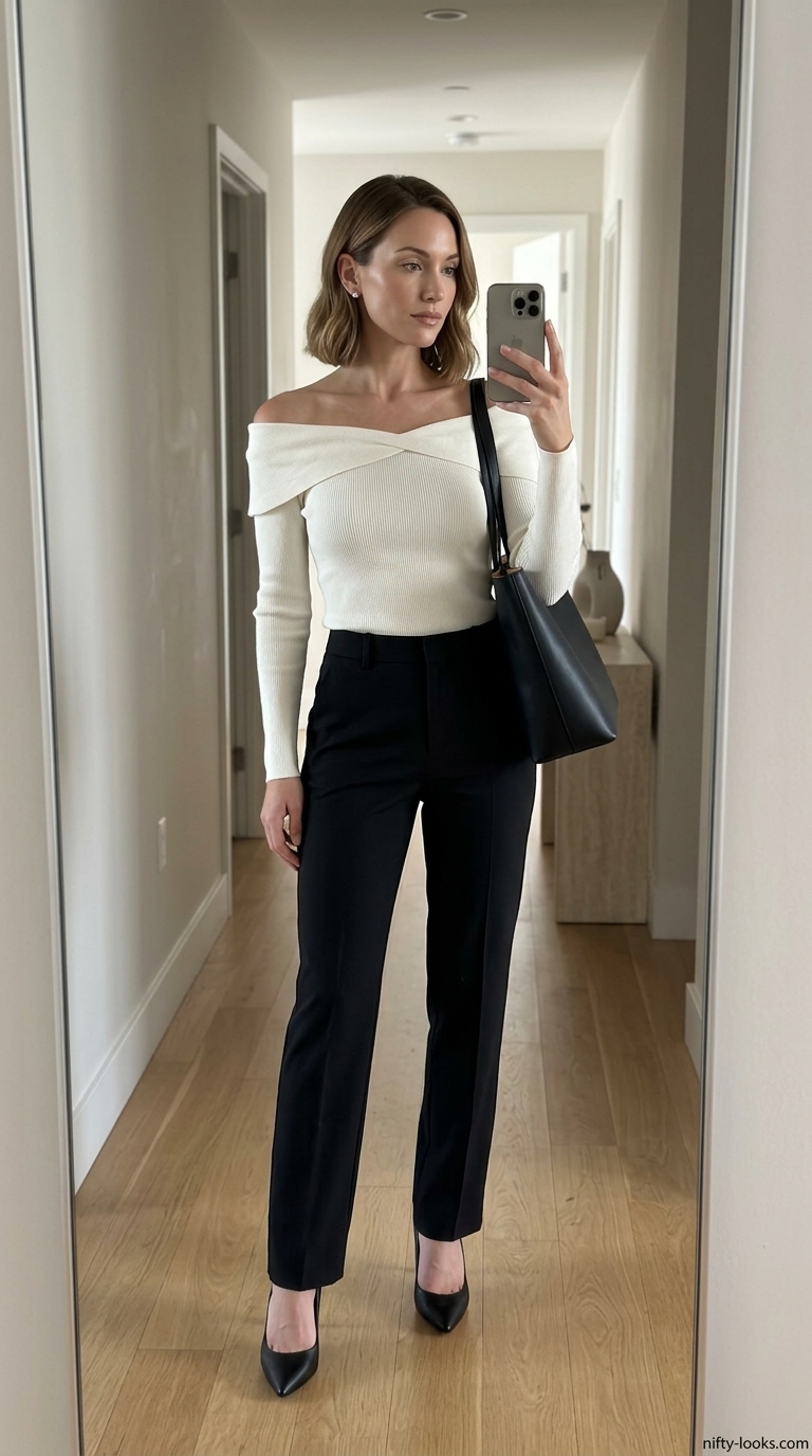 Modern ivory off-shoulder top with tailored black trousers and pointed-toe pumps for office wear.