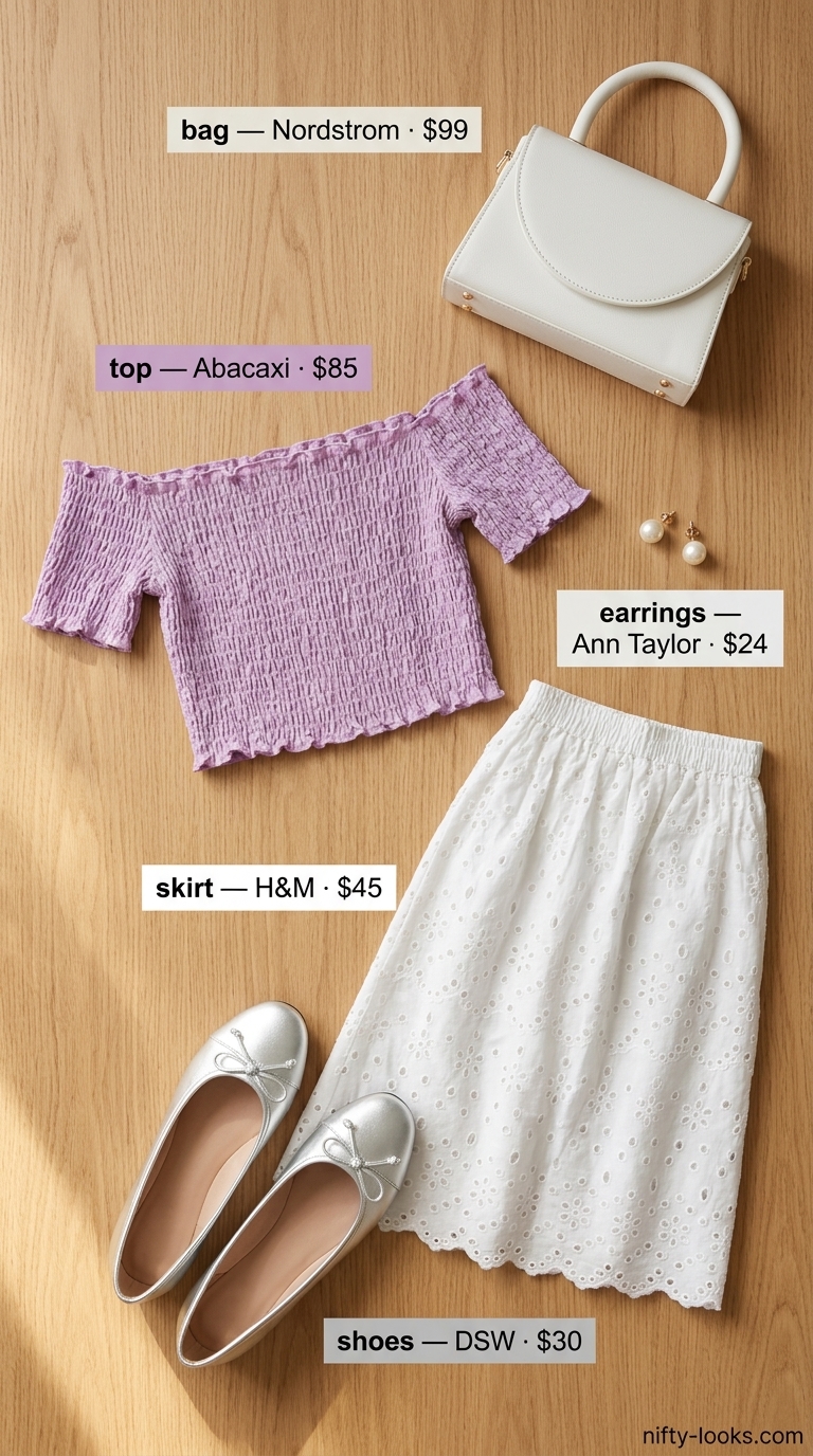 Sweet lilac off-shoulder blouse with white eyelet skirt and pearl earrings for brunch.