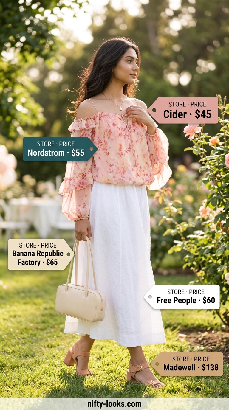 Summer off shoulder tops outfit 2026: Blush pink puff-sleeve blouse with white midi skirt for a garden party.