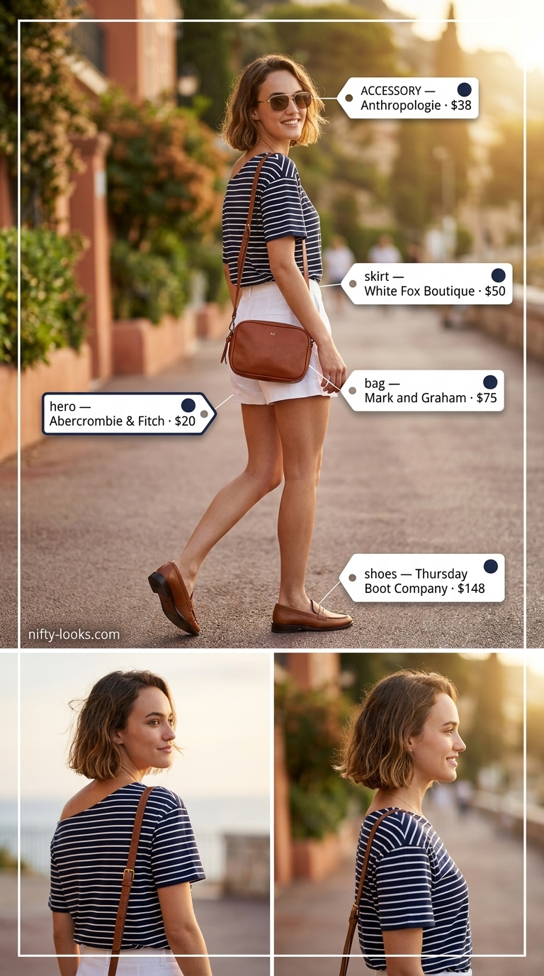 Summer off shoulder tops outfit 2026: Navy and white striped top with white linen shorts for Riviera chic style.